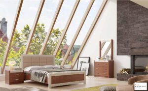 חדר שינה קומפלט דגם אורלנדו הכולל מיטה זוגית בשילוב כריות מרופדות צבע חום בהיר ,2 שידות לילה ,קומודה ומראה ,בצבע קוניאק בשילוב שמנת ,נמצא באתר מודרני moderne.co.il