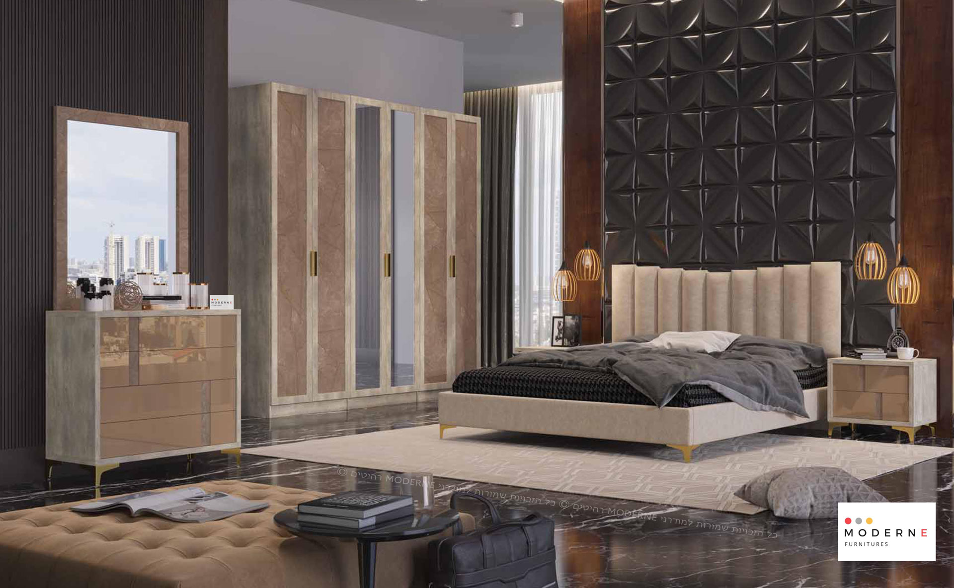 חדר שינה קומפלט דגם ברצלונה ראש המיטה בשילוב כריות מרופדות ,החדר בצבע אפור בהיר בשילוב חום עם רגלי מתכת זהב ,נמצא באתר מודרני moderne.co.il