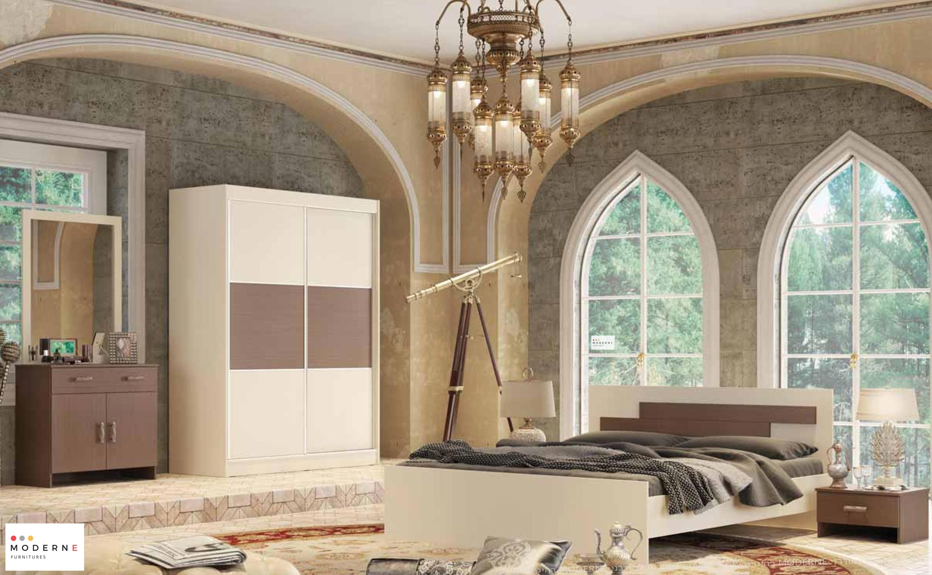 חדר שינה קומפלט במבצע דגם דיסני הכולל מיטה זוגית ,2 שידות לילה ,קומודה ומראה ,בצבע שמנת בשילוב וונגה ,נמצא באתר מודרני moderne.co.il
