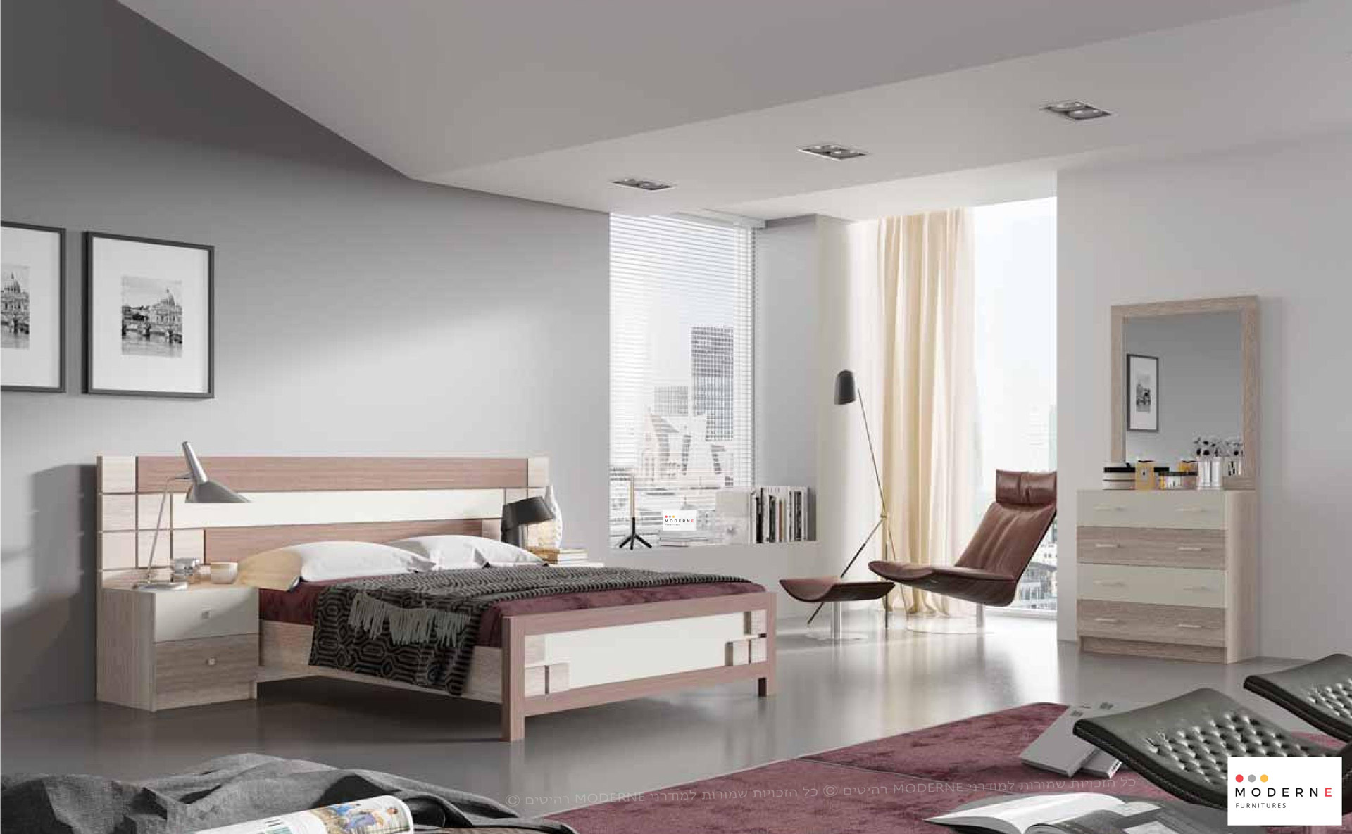 חדר שינה קומפלט דגם דניאל הכולל מיטה זוגית ,2 שידות ,קומודה ומראה ,בצבע חום בשילוב שמנת ,נמצא באתר מודרני moderne.co.il
