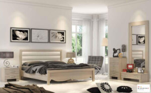 חדר שינה קומפלט דגם ויולה הכולל מיטה זוגית בשילוב כריות מרופדות צבע לבן ,2 שידות לילה ,קומודה ,יחידת מגירה + מראת גוף ,בצבע חום בהיר ,נמצא באתר מודרני moderne.co.il