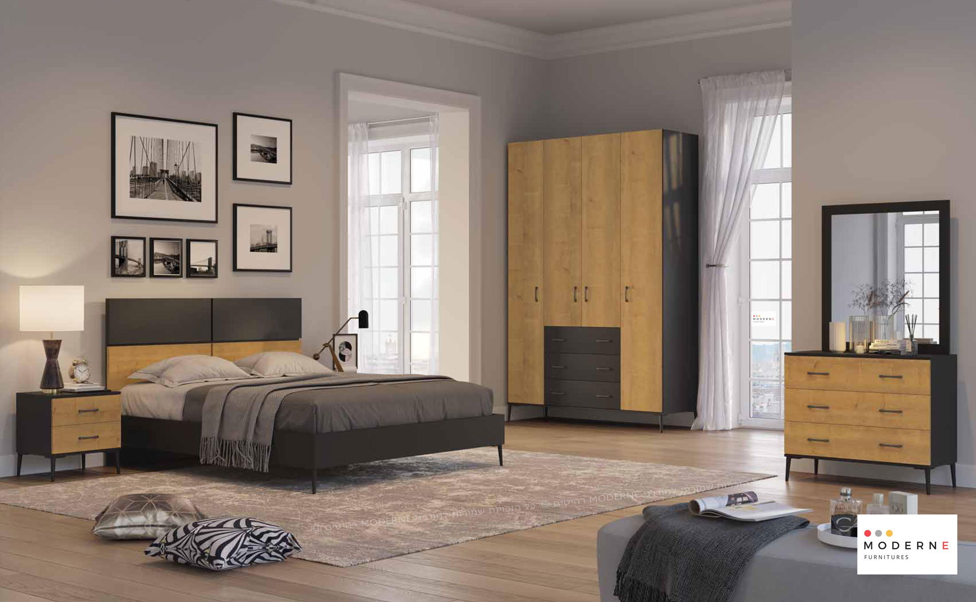 חדר שינה קומפלט דגם מאליבו ראש המיטה בשילוב צבעים ,החדר בצבע שחור בשילוב אלון עם רגלי מתכת שחורות ,נמצא באתר מודרני moderne.co.il