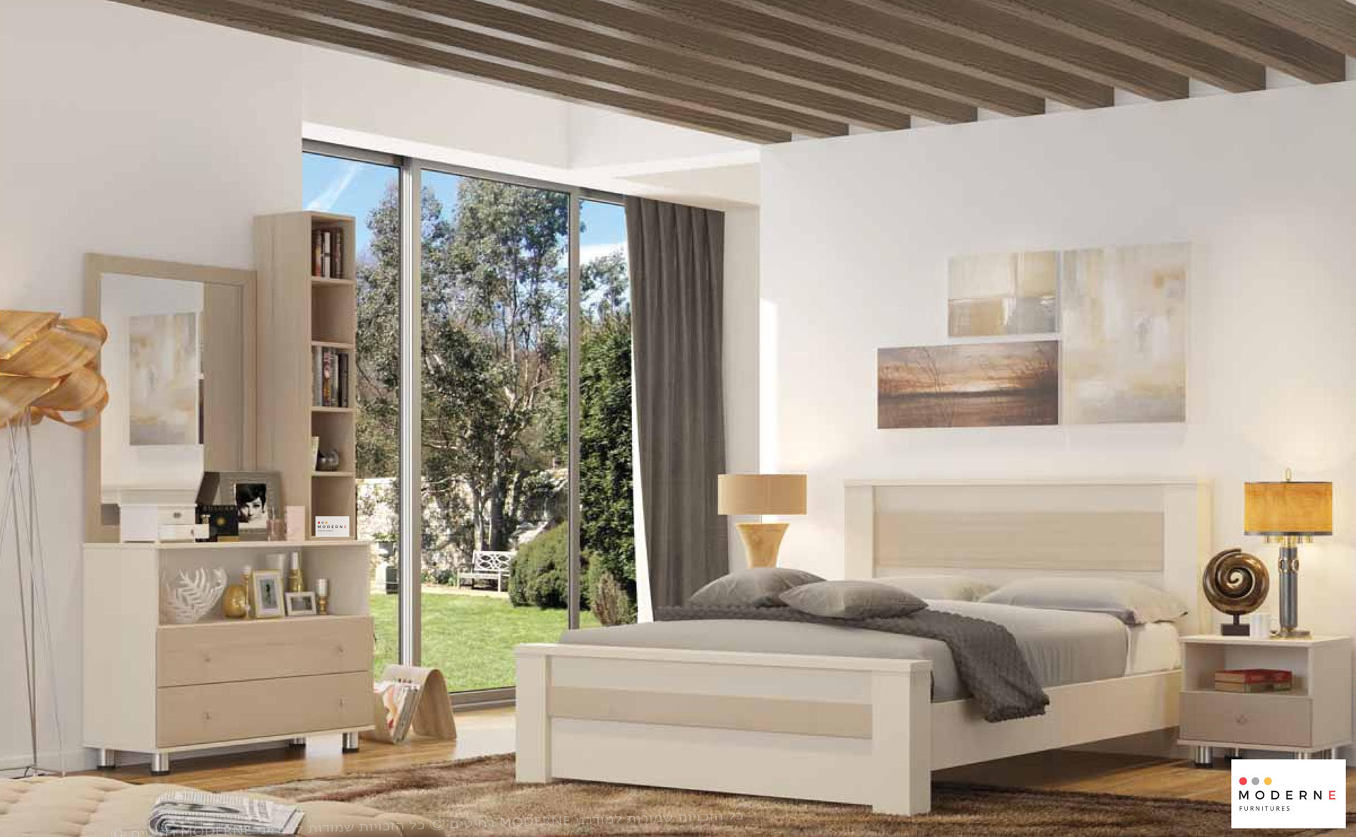 חדר שינה קומפלט דגם פאולו הכולל מיטה זוגית ,2 שידות לילה ,קומודה ומראה ,בצבע מולבן בשילוב חום בהיר ,נמצא באתר מודרני moderne.co.il