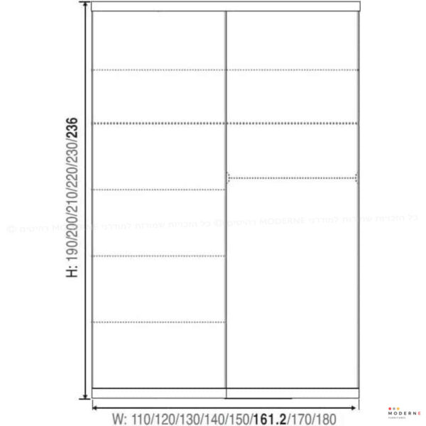תרשים ומידות לארון הזזה דגם בייסיק ,נמצא באתר מודרני moderne.co.il